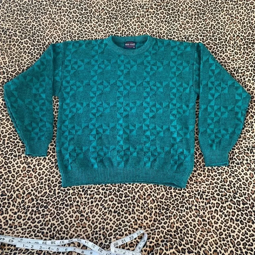 Vintage Dad Sweater Green 90s Grandpa Aesthetic Triangle Print USA Made Large - Picture 6 of 8